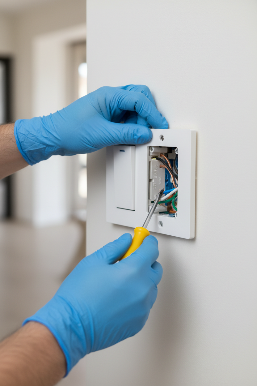 Elektrikas su mėlynomis pirštinėmis atsuktuvu montuoja šviesos jungiklį sienoje.