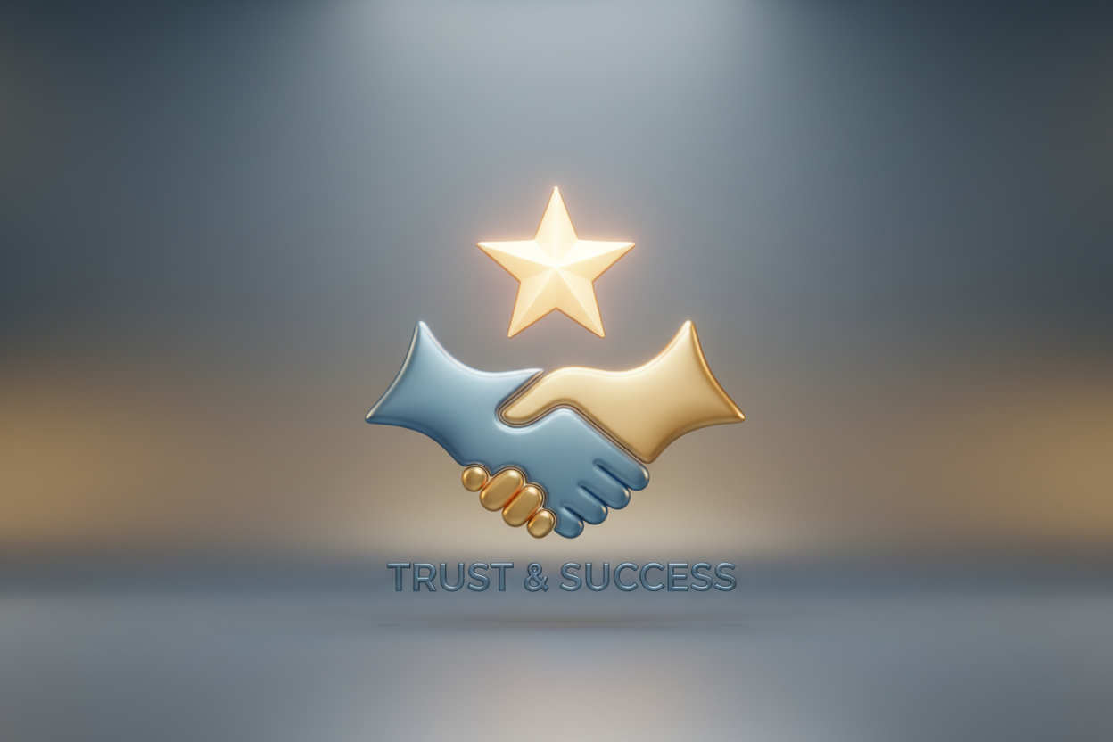 Auksinė žvaigždė virš besisveikinančių rankų su užrašu „TRUST & SUCCESS“ tamsiame fone.