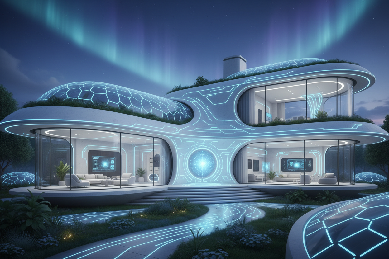 Futuristinis modernus namas su švytinčiomis neoninėmis detalėmis ir stiklinėmis sienomis po šiaurės pašvaiste.