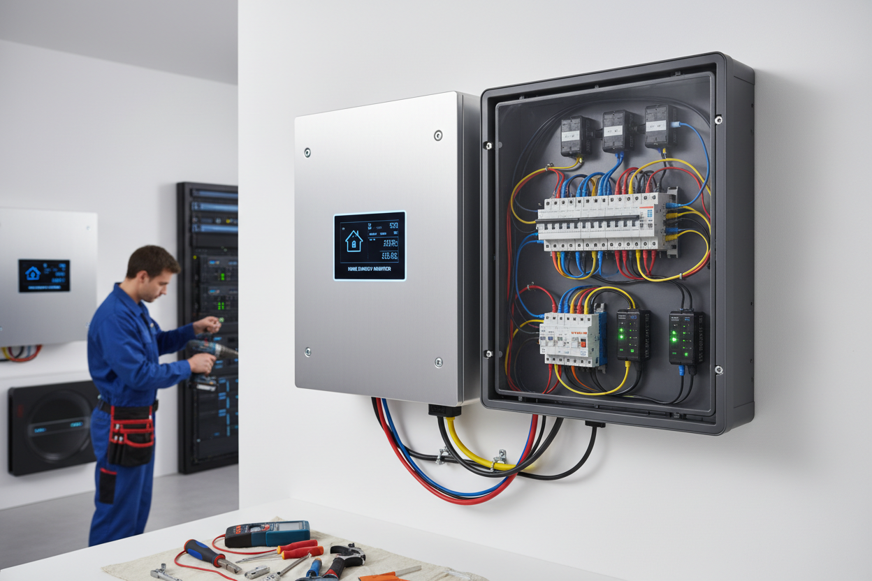 Elektrikas montuoja saulės energijos valdymo sistemą su atvira elektros skydine ant sienos.